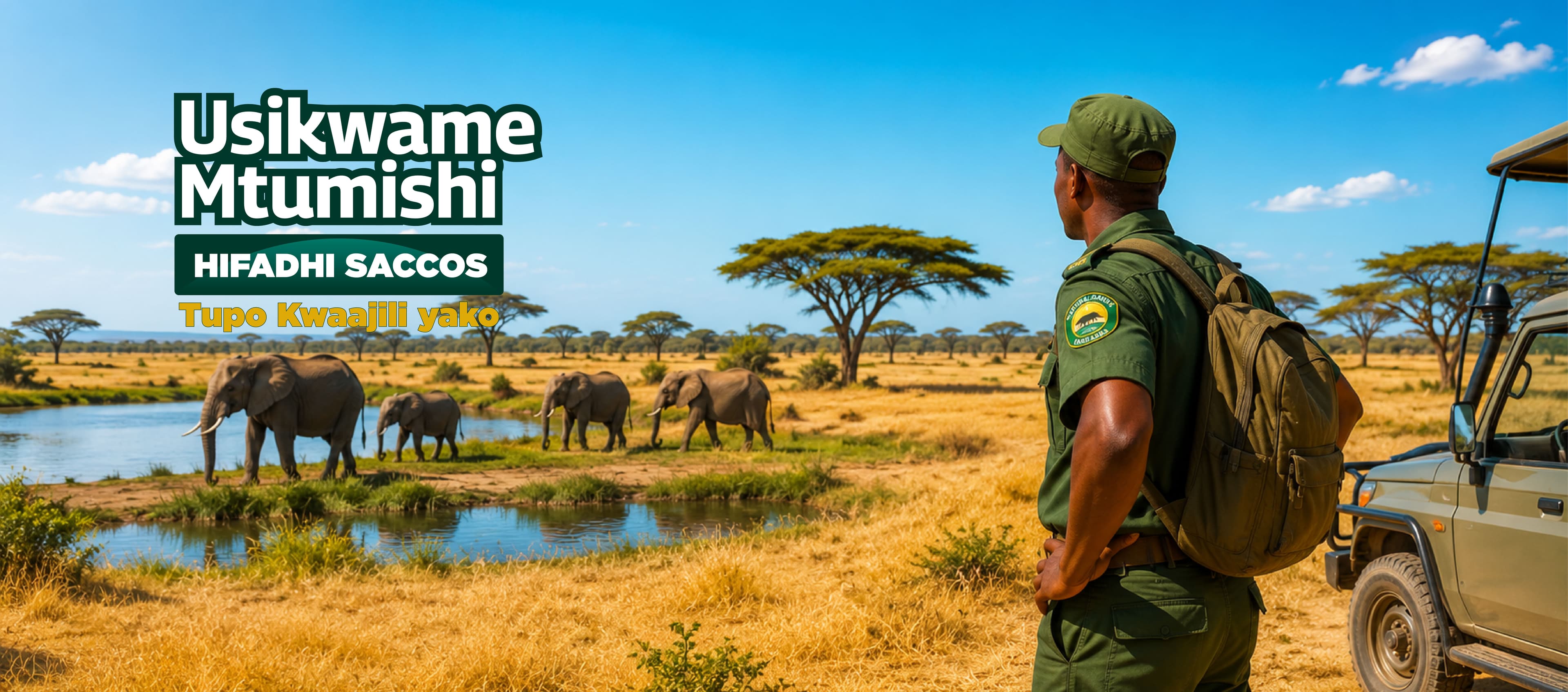 A HIFADHI SACCOS ranger watches elephants cross a waterhole on safari — "Usikwame Mtumishi, HIFADHI SACCOS, Tupo Kwaajili yako."